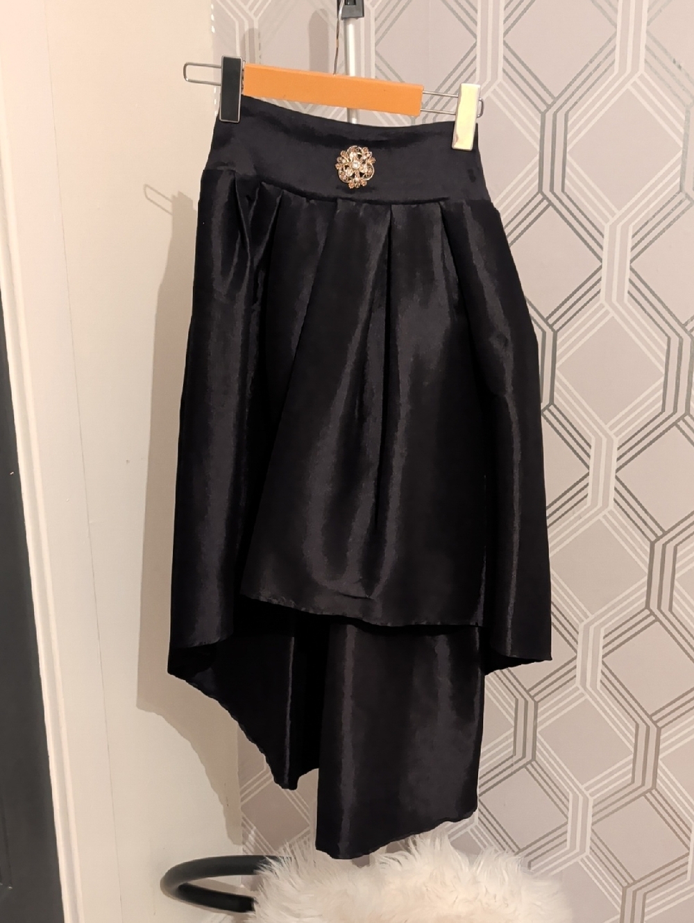 Black High-Low Satin Skirt with Embellished Waist